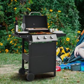Propane Gas Three-burner Stainless Steel Grill With Double Shelves, Lid, Wheels And Bottle Opener (Option: Black)